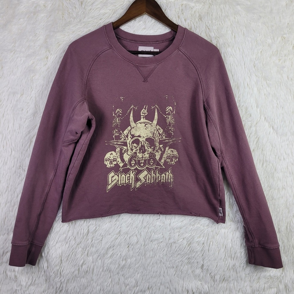 Black Sabbath Pact Womens L Purple Crop Sweatshirt‎ Sustainable Upcycle